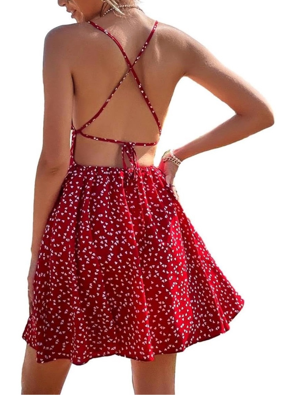 Red heart print open back sun dress